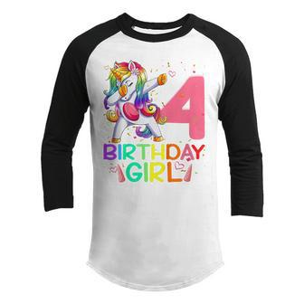 Kids 4 Year Old Dabbing Unicorn 4Th Birthday Girl Kids Girls Youth Raglan Shirt - Thegiftio UK