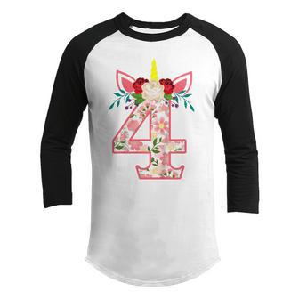 Kids 4 Year Old Gifts 4Th Birthday Girls Unicorn Face Flower  Youth Raglan Shirt