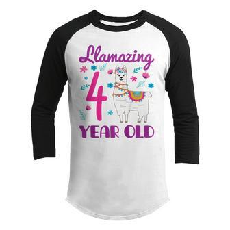 Kids 4 Years Old 4Th Birthday Llama Birthday Girl Gift Youth Raglan Shirt - Thegiftio UK