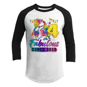 Kids 4 Years Old Fabulous Since 2019 4Th Birthday Unicorn Girl Youth Raglan Shirt - Thegiftio UK