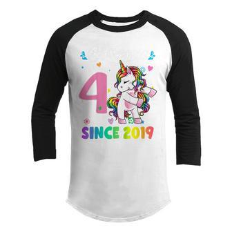 Kids 4 Years Old Gifts Unicorn Dabbing 4Th Birthday Girl Ns Youth Raglan Shirt - Thegiftio UK