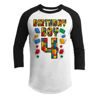 Kids 4Th Birthday Master Builder 4 Years Old Block Building Boys Youth Raglan Shirt - Thegiftio UK