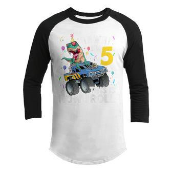 Kids 5 Year Old Dinosaur T Rex Monster Truck 5Th Birthday Boys Youth Raglan Shirt - Thegiftio UK
