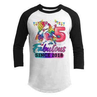 Kids 5 Years Old Fabulous Since 2018 5Th Birthday Unicorn Girl Youth Raglan Shirt - Thegiftio UK