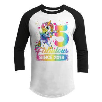 Kids 5 Years Old Unicorn Flossing 5Th Birthday Girl Unicorn Party V3 Youth Raglan Shirt - Thegiftio UK