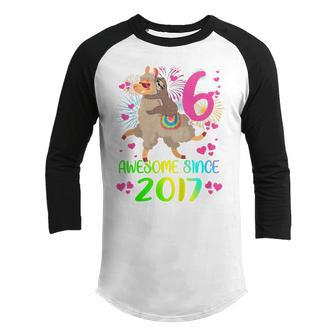 Kids 6 Year Old Sloth Riding Llama Since 2017 6Th Birthday Girl Youth Raglan Shirt - Thegiftio UK
