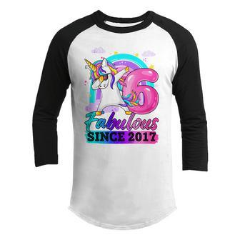 Kids 6 Years Old Fabulous Since 2017 6Th Birthday Unicorn Girl V2 Youth Raglan Shirt - Thegiftio UK