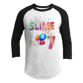 Kids 7 Year Old Gifts This Slime Queen Is 7Th Birthday Girl Party  Youth Raglan Shirt