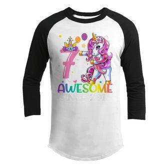 Kids 7 Years Old Awesome Since 2016 Dabbing Unicorn 7Th Birthday Youth Raglan Shirt - Thegiftio UK