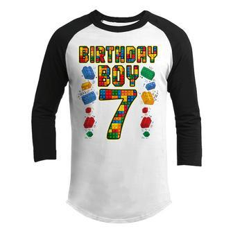 Kids 7Th Birthday Master Builder 7 Years Old Block Building Boys Youth Raglan Shirt - Thegiftio UK