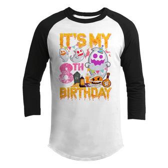Kids 8 Year Old Gift 8Th Birthday Ghost Pumpkin Halloween Costume Youth Raglan Shirt - Thegiftio UK
