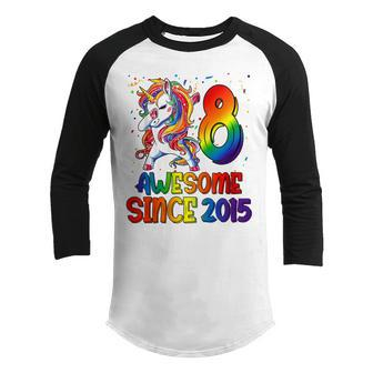 Kids 8 Year Old Gift Awesome Since 2015 8Th Birthday Unicorn Girl V2 Youth Raglan Shirt - Thegiftio UK