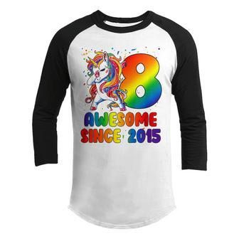 Kids 8 Year Old Gift Awesome Since 2015 8Th Birthday Unicorn Girl Youth Raglan Shirt - Thegiftio UK