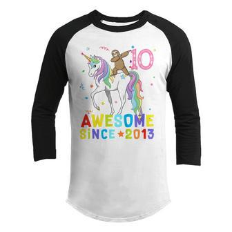 Kids 9 Year Old Dab Sloth Riding Unicorn 2013 9Th Birthday Girl Youth Raglan Shirt - Thegiftio UK