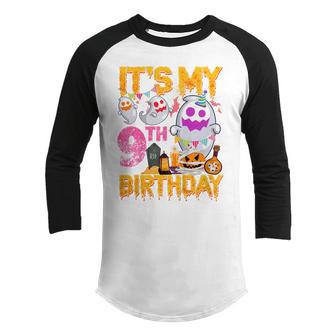 Kids 9 Year Old Gift 9Th Birthday Ghost Pumpkin Halloween Costume Youth Raglan Shirt - Thegiftio UK