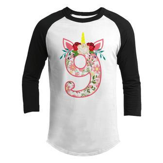 Kids 9 Year Old Gifts 9Th Birthday Girls Unicorn Face Flower  Youth Raglan Shirt