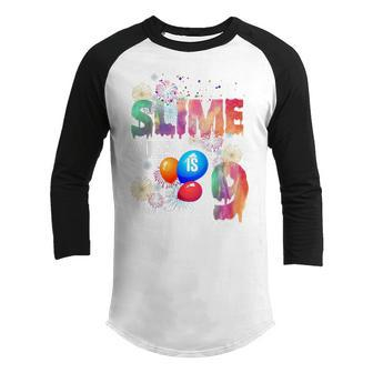 Kids 9 Year Old Gifts This Slime Queen Is 9Th Birthday Girl Party  Youth Raglan Shirt