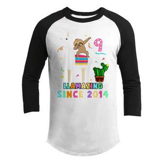 Kids 9Th Birthday Girl Dab Sloth Riding Unicorn 2014 9 Year Old Youth Raglan Shirt - Thegiftio UK