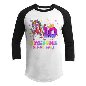 Kids Awesome Since 2013 Dabbing Unicorn 10Th Birthday 10 Year Old Youth Raglan Shirt - Thegiftio UK