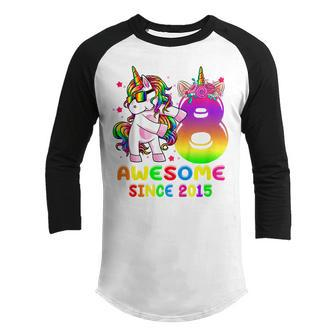 Kids Awesome Since 2015 Dabbing Unicorn 8Th Birthday 8 Year Old Youth Raglan Shirt - Thegiftio UK