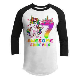 Kids Awesome Since 2016 Dabbing Unicorn 7Th Birthday 7 Year Old Youth Raglan Shirt - Thegiftio UK