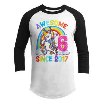 Kids Awesome Since 2017 Dabbing Unicorn 6Th Birthday 6 Year Old Youth Raglan Shirt - Thegiftio UK
