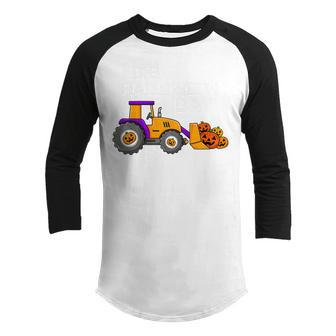 Kids Cool I Dig Halloween Pumpkin Tractor Jack O Latern Kids Youth Raglan Shirt - Thegiftio UK