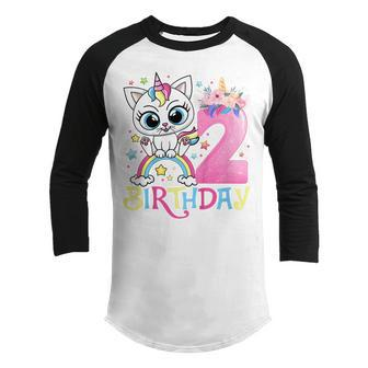 Kids Cute Cat Unicorn Face Floral 2 Year Old 2Nd Birthday Girls Youth Raglan Shirt - Thegiftio UK