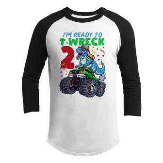 Kids Its My 2Nd Birthday 2 Year Old Dinosaur Monster Car Truck Youth Raglan Shirt - Thegiftio UK