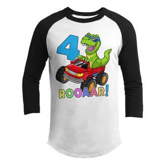 Kids Its My 4Th Birthday 4 Year Old Dinosaur Monster Car Truck Youth Raglan Shirt - Thegiftio UK