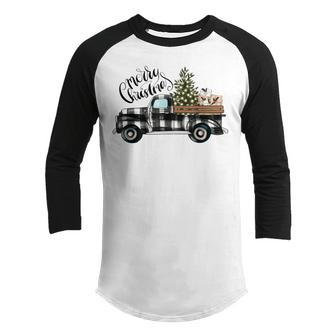 Merry Christmas Vintage Black Buffalo Plaid Truck Women Kids Youth Raglan Shirt - Thegiftio UK