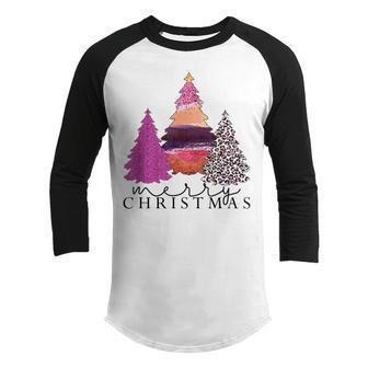 Merry Christmas Womens Girls Pink Tree Christmas Leopard Youth Raglan Shirt - Thegiftio UK
