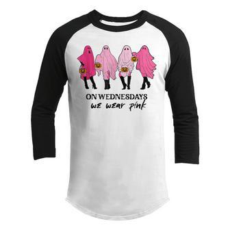 On Wednesday We Wear Pink Ghost Mean Girls Ghost Pumpkin Youth Raglan Shirt - Thegiftio UK