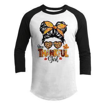 One Thankful Girl Thanksgiving Messy Bun Leopard Fall Autumn V4 Youth Raglan Shirt - Thegiftio UK
