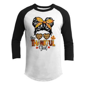 One Thankful Girl Thanksgiving Messy Bun Leopard Fall Autumn V7 Youth Raglan Shirt - Thegiftio UK