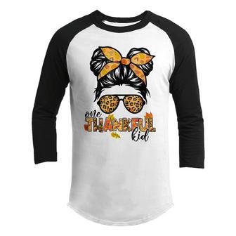 One Thankful Kid Messy Bun Funny Fall Autumn Thanksgiving Youth Raglan Shirt - Thegiftio UK
