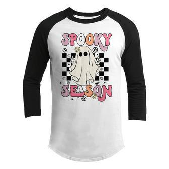 Retro Hippie Halloween Cute Ghost Spooky Season Women Kids V4 Youth Raglan Shirt - Thegiftio UK