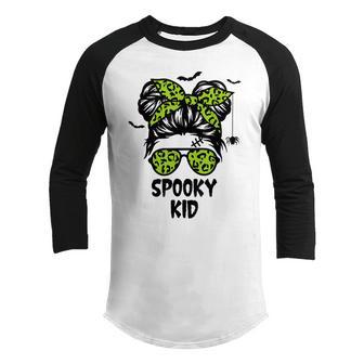 Spooky Kid Halloween For Girls Youth Messy Bun Leopard V2 Youth Raglan Shirt - Thegiftio UK