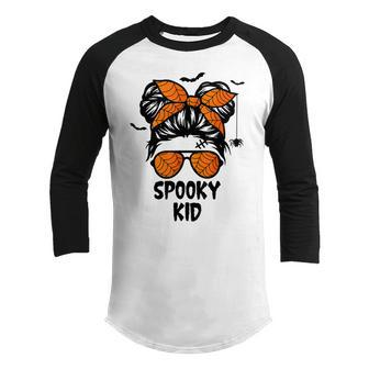 Spooky Kid Halloween For Girls Youths Messy Bun Scary Youth Raglan Shirt - Thegiftio UK