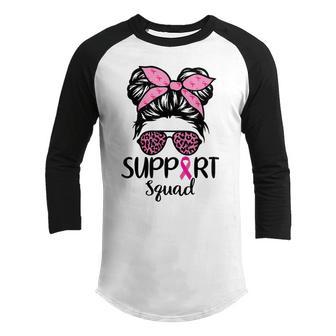 Support Squad Messy Bun Breast Cancer Awareness Girls Kids Youth Raglan Shirt - Thegiftio UK
