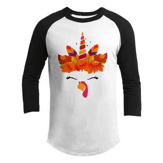 Unicorn Turkey Face Thanksgiving Outfit Autumn For Girl Kids Youth Raglan Shirt - Thegiftio UK