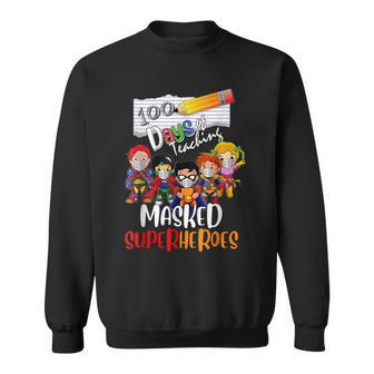 100 Days Of Teaching Masked Superheroes Virtual Teacher Gift Men Women Sweatshirt Graphic Print Unisex - Thegiftio