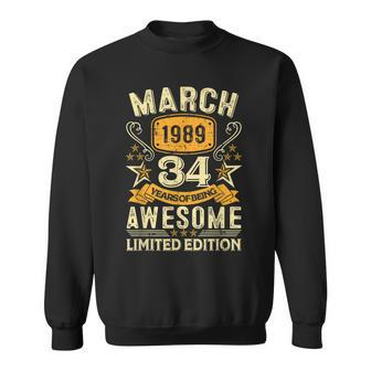 34 Year Old Awesome Since March 1989 34Th Birthday Gifts Sweatshirt | Mazezy