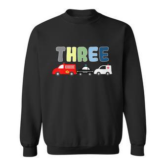 3Rd Birthday Party Emergency Vehicles Fire Truck Police Car Sweatshirt - Monsterry