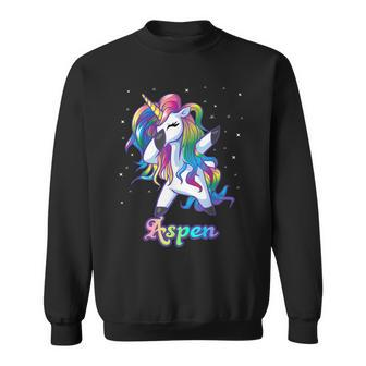 Aspen Name Personalized Custom Rainbow Unicorn Dabbing Men Women Sweatshirt Graphic Print Unisex - Thegiftio UK