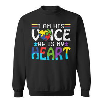 Autism Fathering I Am His Voice He Is My Heart Autism Mom Sweatshirt | Mazezy