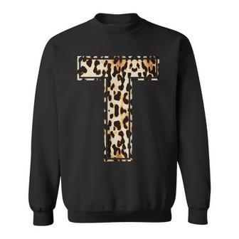 Awesome Letter T Initial Name Leopard Cheetah Print Men Women Sweatshirt Graphic Print Unisex - Seseable