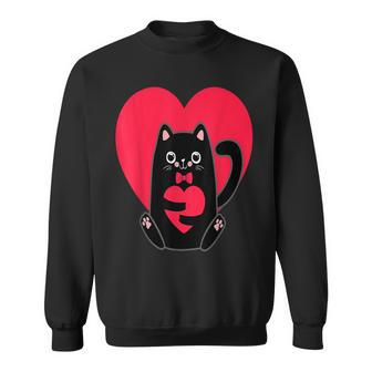 Black Cat Heart Valentines Day Cute Kitten Kitty-Love V Day Sweatshirt - Seseable