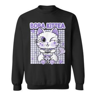 Boba Tea Women Lavender Kittea Kawaii Cat Japanese Sweatshirt - Seseable