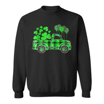 Buffalo Plaid Shamrock Vintage Truck Happy St Patricks Day Sweatshirt - Thegiftio